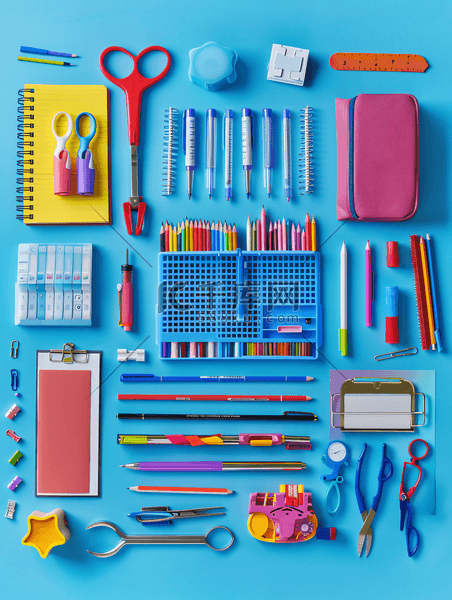 学校物品办公用品工具和配件孤立在蓝色