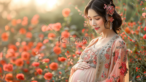 唯美的孕妇照花朵阳光摄影照片