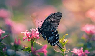 西西免费矢量图片素材_一只黑蝴蝶停在野田里的粉色花朵上