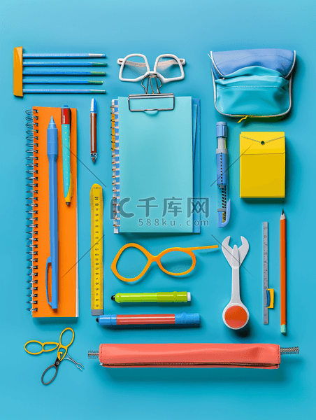 宠物贴纸摄影照片_学校物品办公用品工具和配件孤立在蓝色