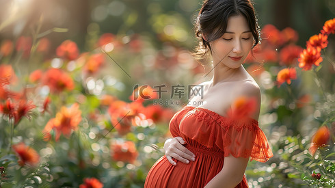 唯美的孕妇照花朵阳光摄影图