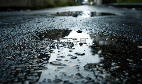 雨中铺好的道路上有雨滴的水坑