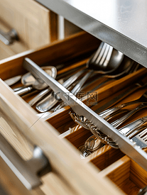 厨房里有餐具的抽屉里有刀叉和勺子