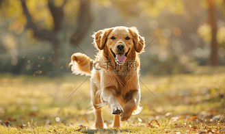 运动中奔跑的照片美丽的金毛猎犬在公园户外散步