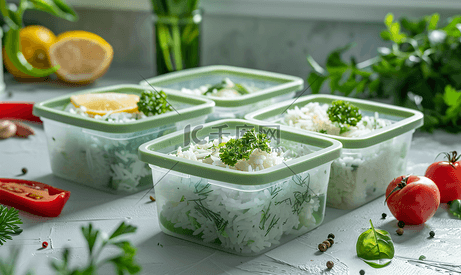 素食绿色餐食准备容器内含米饭和蔬菜
