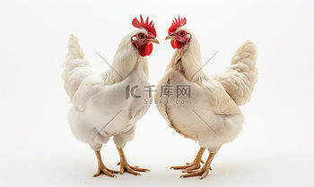 一只白母鸡的侧面照片在另一只母鸡的背景下看着观众