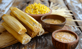 木桌上的玉米粉蒸肉和玉米卷典型的墨西哥食物