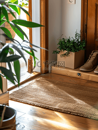 甜蜜之家欢迎垫在硬木地板上移动盒子、鞋子和植物