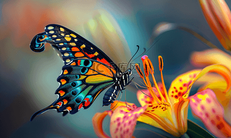橙色百合花上美丽的五彩蝴蝶