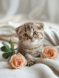 可爱的苏格兰折耳猫小猫白色毯子上有精致的玫瑰