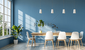 简单的斯堪的纳维亚餐厅的蓝色墙壁配有木质和白色的公共桌椅