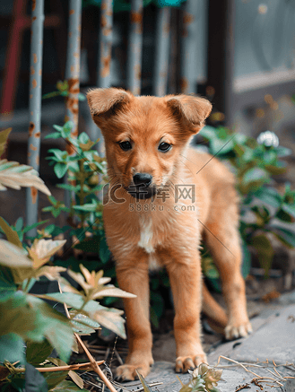 一只可爱的红色小狗站在有植物的篱笆旁边