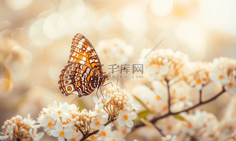 棕色蝴蝶坐在白色金合欢花上的特写