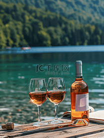 湖边木甲板上放着两杯酒的酒瓶