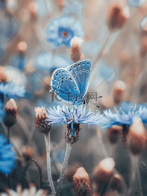 坐在矢车菊上的蓝色蝴蝶的特写