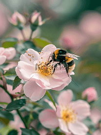 熊蜂在狗玫瑰花中采集花粉的特写