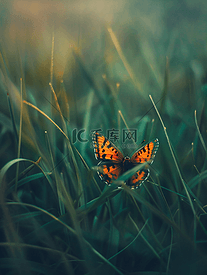 绿草中小火红铜蝴蝶的特写