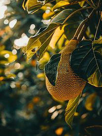 一颗菠萝蜜挂在树上上面有一片叶子近距离照片