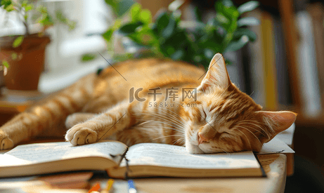 可爱的猫在学习时睡着了