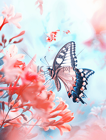 一只虎斑燕尾蝶在红色和粉色的石竹花瓣上盘旋