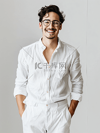戴眼镜的快乐男人白衬衫裤子摄影工作室摆姿势模型