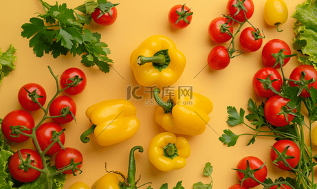 彩色蔬菜组合物配黄椒番茄绿叶顶视图