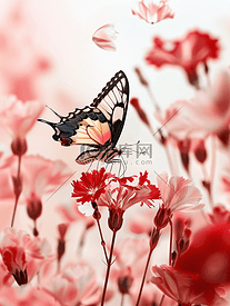 一只虎斑燕尾蝶在红色和粉色的石竹花瓣上盘旋