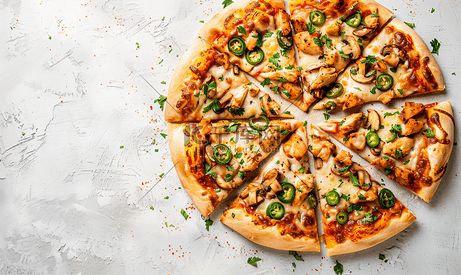 鸡肉蘑菇墨西哥胡椒披萨切成八块自制披萨