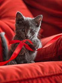 红色沙发上玩丝带的灰色小猫