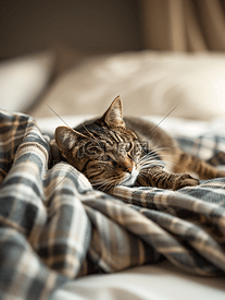 穿着灰色格子的猫躺在家里的床上
