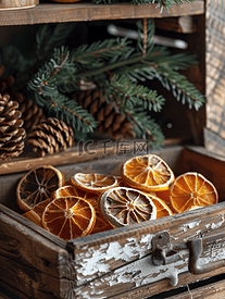 美丽的圣诞装饰包括一个旧木箱和干柑橘类水果