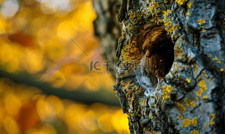 秋季公园里一棵树上的空洞