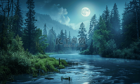 月光与河流交织的森林之夜