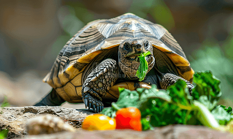 中亚龟独自在石头上吃蔬菜
