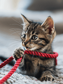 一只可爱的小猫在玩红绳的中景
