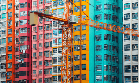 彩色建筑背景下的建筑起重机