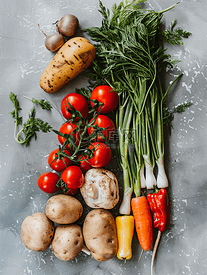 厨房桌子上不同类型的蔬菜顶视图和选择性焦点
