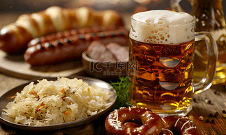 德式香肠、酸菜、椒盐卷饼和啤酒