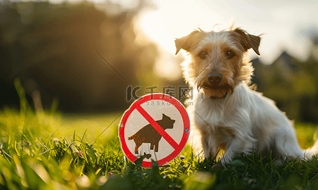草地上有趣的禁止遛狗标志