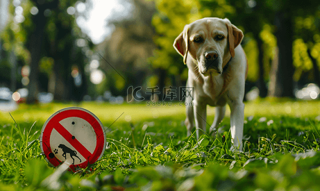 草地上有趣的禁止遛狗标志