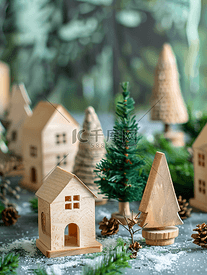 灰色地板和绿色背景村庄的一套木屋和树木装饰