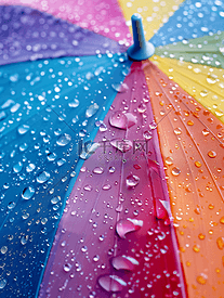 带雨滴的彩色雨伞部分的特写