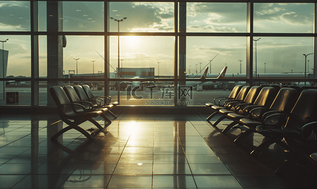 机场登机口附近公共区域的黑色空椅子