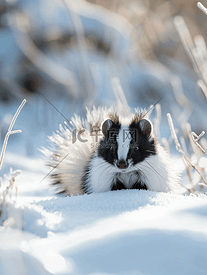 雪覆盖的田野中的臭鼬