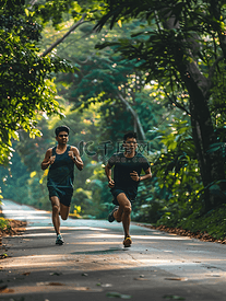 两名跑步者跑到外面并在慢跑道上跑步创造良好健康的理念
