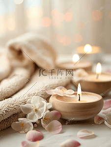 花艺沙龙摄影照片水疗和芳香疗法概念时尚米色背景下的蜡烛毛巾和花瓣