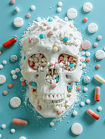 头骨形式的精制糖带有片剂和药丸