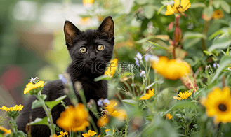 花园里可爱的黑猫有向日葵和丹参