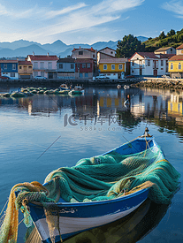 西班牙坎塔布里亚桑托纳港的渔网水平图像