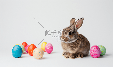 坐在白色背景上的兔子和装饰性彩色复活节彩蛋